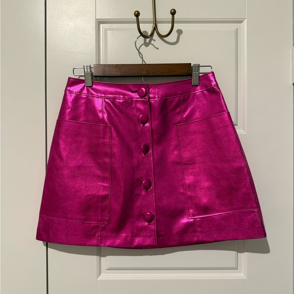 Maeve Metallic Fuchsia Button-Front Mini Skirt
